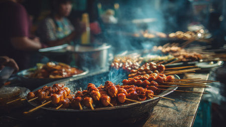This captivating street food image features an array of grilled skewers emitting fragrant smoke, inviting diners at a lively market stall in the evening.の素材