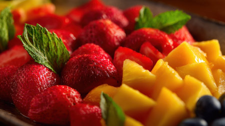 A colorful display of fresh strawberries, pineapple, and blueberries arranged beautifully on a decorative plate, garnished with mint leaves, perfect for summer enjoyment.の素材