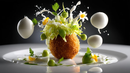 This stunning culinary art piece showcases an innovative arrangement of green ingredients and delicate eggs on a contemporary plate, emphasizing freshness and creativity.の素材