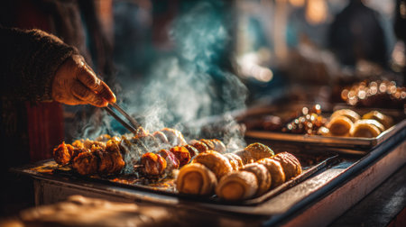 A captivating scene of street food preparation featuring grilled delicacies, smoky flavors, and vibrant market energy, perfect for food lovers and culinary enthusiasts.の素材