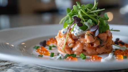 Experience the elegance of a salmon tartare beautifully presented with microgreens and caviar pearls, perfect for a gourmet dining experience in a stylish setting.の素材