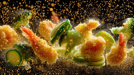 A stunning image capturing crispy shrimp and vibrant vegetable tempura surrounded by droplets of oil, against a dark backdrop, creating a dynamic culinary presentation.の素材