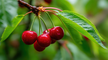 Plump red cherries dangle from a cherry tree branch, surrounded by vibrant green leaves. Water droplets adorn the fruits, enhancing their freshness and appeal.の素材