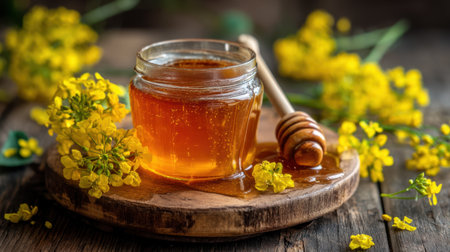 A vibrant image of a glass jar filled with golden honey and a wooden dipper. Surrounding yellow flowers create a natural and rustic ambiance perfect for culinary uses.の素材