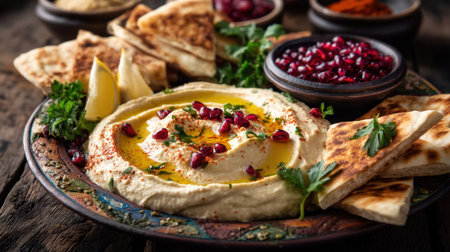 Enjoy a stunning presentation of hummus topped with pomegranate seeds and herbs, complemented by freshly baked flatbread, perfect for any gathering or special occasion.の素材