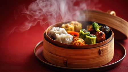 A stunning bamboo steamer showcasing an array of colorful and appetizing dim sum treats, rising steam creates a warm atmosphere perfect for dining experiences.の素材