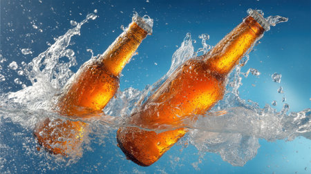 Two amber bottles of beer create a dynamic splash in blue water, showcasing a refreshing beverage perfect for summer parties or outdoor gatherings.の素材