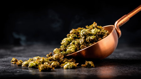 An artistic shot of fresh green hops spilling from a copper scoop onto a dark surface, perfect for showcasing brewing ingredients or culinary inspirations.の素材