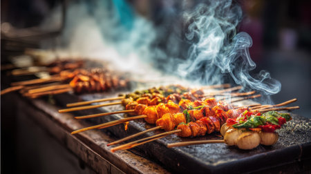Discover a mouthwatering display of grilled skewers steaming with flavor, showcasing vibrant vegetables and proteins. Perfect for capturing culinary delights.の素材