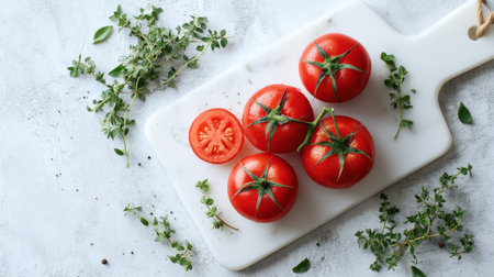 A gourmet arrangement of fresh red tomatoes and oregano on a wooden board, showcasing healthful ingredients perfect for culinary creations and vibrant dishes.の素材