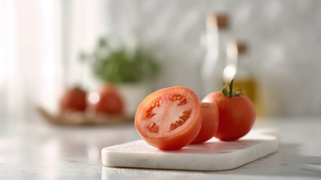A visually appealing image of fresh tomatoes sliced on a marble cutting board, surrounded by kitchen elements, perfect for promoting healthy cooking and recipes.の素材
