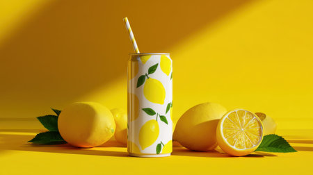 A vibrant lemon beverage can adorned with lively lemon designs is placed among fresh lemons against a bright yellow background, capturing the essence of summer and refreshment.の素材