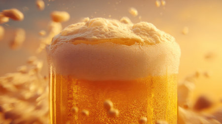 Enjoy the refreshing sight of cold beer frothing with golden bubbles in a vibrant sunset. Ideal for beverage promotion, event planning, or social gatherings.の素材