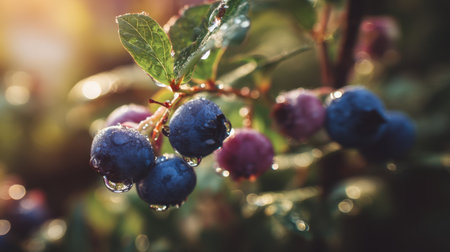 This stunning close-up captures fresh blueberries adorned with dew drops, showcasing vibrant colors and natural beauty in warm morning light, perfect for food lovers.の素材