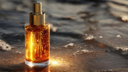 A stunning glass bottle filled with golden oil is placed on a sandy beach, capturing the warm light of sunset and creating a serene and luxurious atmosphere.の素材