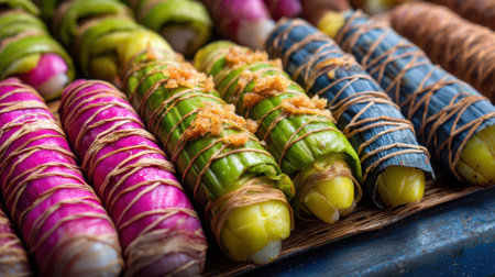 Discover a vibrant array of colorful traditional snacks made from rice and leaves, expertly wrapped and tied, showcasing rich culinary heritage in Asian culture.の素材