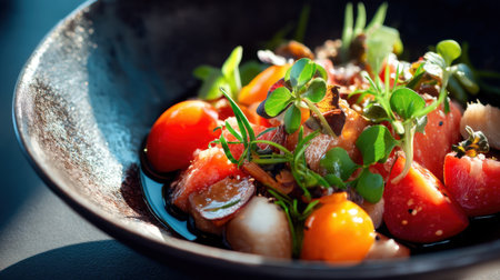 A vibrant salad featuring fresh tomatoes, assorted herbs, and microgreens, beautifully presented in a modern bowl. Ideal for showcasing healthy culinary delights.の素材