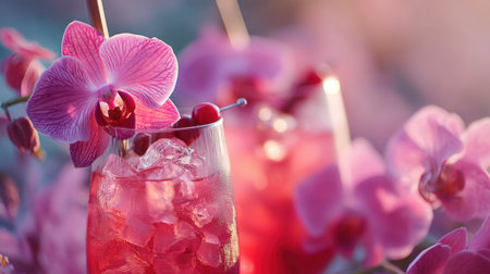 A vibrant tropical drink garnished with a cherry and orchid, set against a soft pink floral background. Perfect for summer parties and relaxation moments.の素材