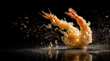 A visually stunning capture of shrimp in tempura batter flying through the air, highlighting the crisp texture and dynamic splashes against a dark backdrop.の素材
