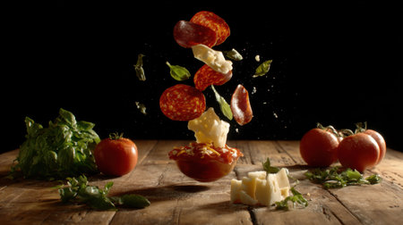 Dynamic shot of floating pizza ingredients including tomatoes, basil, cheese, and pepperoni on a rustic table, perfect for showcasing culinary creativity and flavor.の素材