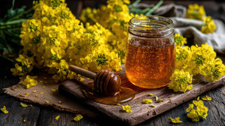 A captivating still life featuring golden honey in a glass jar, complemented by a wooden spoon and vibrant yellow flowers, set on a rustic wooden table, perfect for nature and food enthusiasts.の素材
