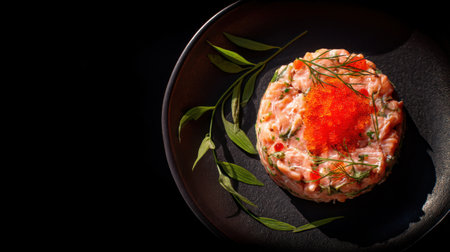 A stylish salmon tartare served on a sleek black plate, garnished with fresh herbs and salmon roe, ideal for gourmet food lovers seeking culinary inspiration.の素材