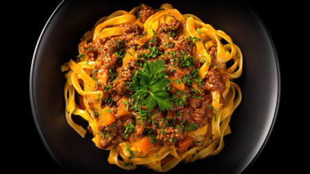 A beautifully arranged bowl of pasta features a rich meat sauce with fresh herbs and orange vegetables. This visually appealing dish is perfect for food photography.の素材
