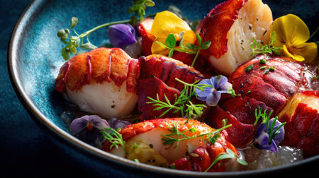 A stunning display of lobster served with fresh herbs and vibrant flowers, showcasing an artistic culinary presentation ideal for gourmet food photography.の素材