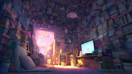 A cozy study space adorned with countless books, illuminated by soft light through an inviting doorway, creates an ideal environment for reading and relaxation.の素材