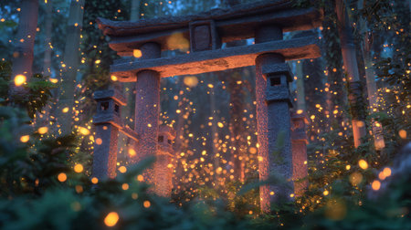A tranquil bamboo forest scene featuring a mystical torii gate illuminated by glowing fireflies, creating a dreamlike and enchanting atmosphere in nature.の素材