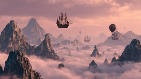 A breathtaking montage of majestic mountains, floating ships, and air balloons gracefully gliding through the clouds. Enveloped in serene colors, this landscape invites adventure.の素材