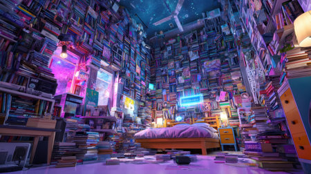 A cozy reading nook adorned with books and vibrant lighting creates a warm atmosphere in a small bedroom. A starry ceiling adds an artistic touch to the unique decor.の素材