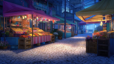A picturesque night market with vibrant stalls adorned with colorful lights. The cobblestone pathway invites exploration, showcasing local goods in a serene urban setting.の素材