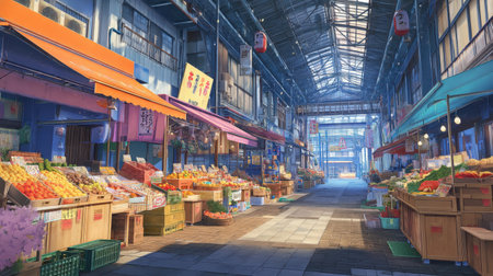 Explore a lively open-air market filled with colorful stalls offering fresh produce and local goods, creating a vibrant atmosphere in a bustling city setting.の素材