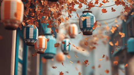 A charming autumn scene showcases colorful lanterns hanging amidst falling leaves, illustrating a serene street atmosphere perfect for seasonal celebrations and gatherings.の素材