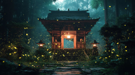 Enchanting forest temple bathed in soft light from surrounding fireflies, creating a serene atmosphere perfect for reflection and escape into nature's wonders.の素材