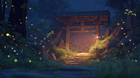 Experience the enchanting beauty of a traditional Japanese torii gate illuminated by soft fireflies in a serene forest at night. A perfect backdrop for tranquility.の素材