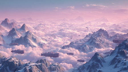 Dive into a breathtaking fantasy landscape featuring flying ships amidst majestic mountains and soft pink clouds, evoking a sense of adventure and wonder.の素材
