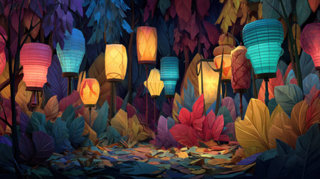Immerse yourself in an enchanting forest pathway adorned with colorful lanterns and vibrant foliage, creating a magical and serene atmosphere perfect for artistic inspiration.の素材