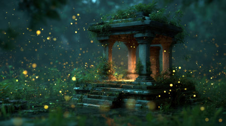 Captivating view of an ancient temple surrounded by lush greenery and illuminated by fireflies at dusk, creating a serene and enchanting atmosphere in nature.の素材