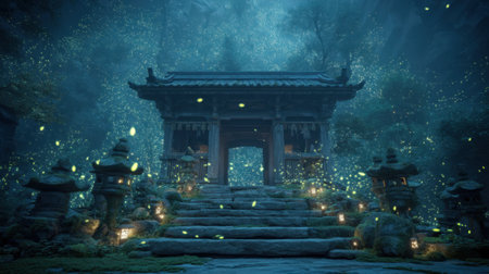 Discover a serene temple nestled in a mystical forest, surrounded by glowing fireflies that illuminate the peaceful stone pathway at night, enhancing the enchanting ambiance.の素材
