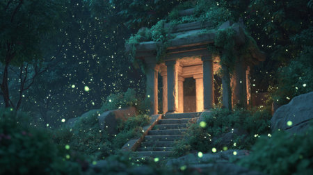 Immerse yourself in the serene beauty of an ancient temple illuminated by glowing fireflies amidst a lush forest at night, creating an enchanting and mystical scene.の素材