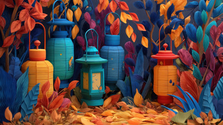 Discover a serene autumn scene featuring colorful paper lanterns amidst vibrant leaves, embodying the warmth and beauty of the fall season in a creative setting.の素材