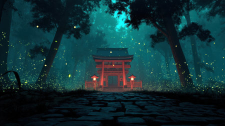 Discover a serene forest scene featuring a traditional pagoda surrounded by glowing fireflies, creating a mystical and enchanting atmosphere under the night sky.の素材
