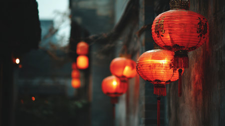 Experience the enchanting glow of traditional Chinese lanterns illuminating a historic alleyway, evoking warmth, culture, and festive spirit during nighttime celebrations.の素材