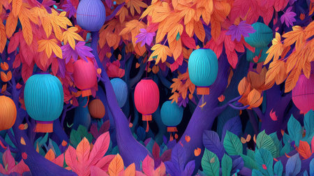 Experience a stunning, vibrant fantasy landscape featuring colorful lanterns among lush autumn leaves. This whimsical forest setting evokes creativity and tranquility.の素材