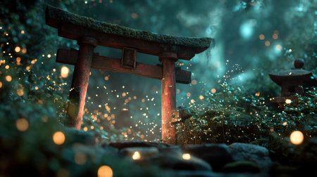Discover a serene Japanese landscape featuring an enchanting forest gate illuminated by mystical lights. This tranquil scene invites exploration and reflection.の素材