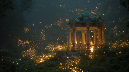 A captivating image of an enchanted garden featuring a beautiful pavilion surrounded by glowing lanterns and ethereal fireflies, creating a magical atmosphere at twilight.の素材