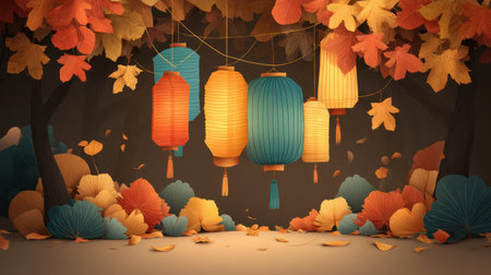 A collection of colorful lanterns hangs gracefully amid vibrant autumn leaves, creating a warm and inviting atmosphere perfect for fall celebrations and gatherings.の素材