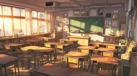 This classroom image captures a warm, inviting atmosphere with wooden desks and a chalkboard, illuminated by soft sunlight streaming through large windows.の素材